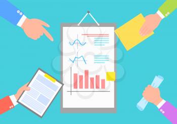 Business data statistics, chart and plots images isolated on blue vector illustration of report surrounded by human hands with papers and documents