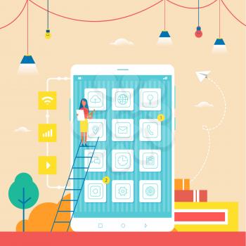 Large smartphone commercial with small woman at ladder that leans on screen that has icons for modern applications cartoon flat vector illustration.