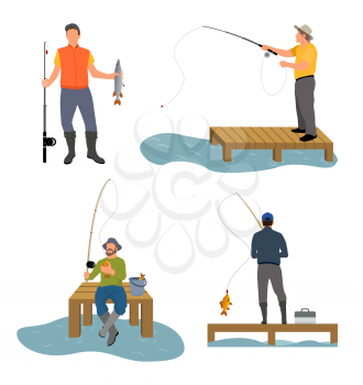 Fisherman catches fish with help of rod set. People active hobbies and lifestyle of men sitting on wooden dock pier, isolated on vector illustration