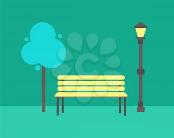 Wooden bench, abstract tree and street lamp vector isolated icons. Lantern and green plant doodle, wooden seat, cartoon elements for city park design