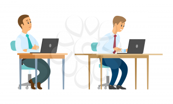 Worker sitting by tables vector, office employees with laptops. Male teamwork, collaboration between coworkers, developers and optimizing website