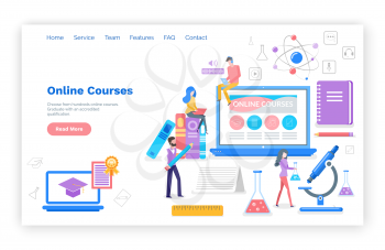 Online courses people learning subjects in internet vector. Students with certificate, busy reading and reviewing material for exams. Microscope and book. Website webpage template landing page in flat