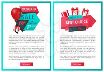 Special offer, exclusive product price reduction web page templates vector. Inflatable balloon and present from shop, sellout and clearance online sites