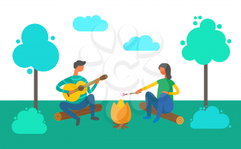Camping people vector, couple sitting by bonfire together. Man playing guitar and woman frying melting marshmallows, nature with trees, grass and bushes