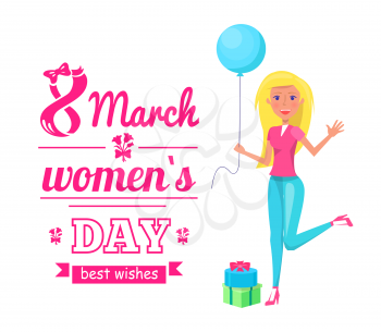 Happy woman celebrating 8 march vector. International holiday for women, lady with balloon jumping, poster with greeting text and presents in box