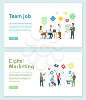 Digital marketing and team job online web pages vector. Conference graphics on board and office workers with laptops, analyzing market and teamwork. Website or webpage template, landing page in flat