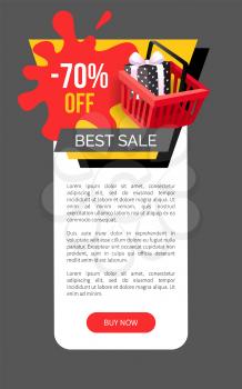 Best sale 70 percent off web page sample with shopping cart, gift box wrapped in dotted paper. Total discounts on goods, poster with text, vector