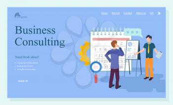 Business consulting webpage, researching strategy. Businessman cooperation, consultant and solution service, people communication technology vector. Website template, people near clipboard