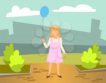 Pretty little girl wearing dress and hair band holding blue balloon in hands. Cute female child dressed in pink walking at street. Kids birthday party