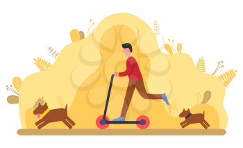 Man balancing on scooter, person walking with dog. Male on urban transport and running pet, summer activity outdoor, leisure together, accumulation vector