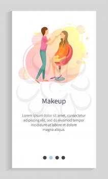 Makeup vector, woman working on visage of customer, client sitting on chair, styling professional with brush and cosmetics, beautician service. Website or app slider template, landing page flat style