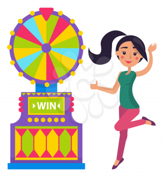 Roulette gambling machine, smiling winner woman. Lucky player, colorful wheel, fortune or lottery equipment, happy female winning, casino element vector