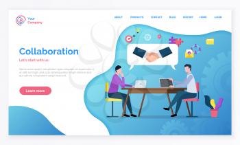 Teamwork collaboration, men sitting at desktop, using laptop. Company cooperation, males brainstorming, communication with wireless device vector. Website or webpage template, landing page flat style