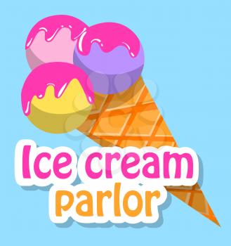 Ice-cream parlor logotype of restaurant, colorful balls of frozen cream in waffle cone. Cold dessert label on blue, dessert shop sticker, business vector