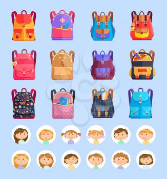 School stationery and book, backpack and schoolbag, pupils or students vector. Knapsacks with patterns or leather, bear trinket and ruler with pencils. Back to scool concept