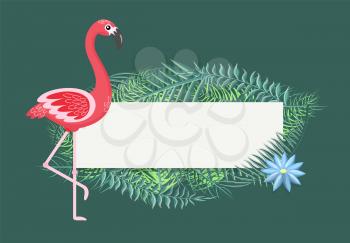 Empty banner for text vector, flamingo and leaves of palm tree with flower. Flora and fauna, pink feathers of bird on long legs, animal with plumage