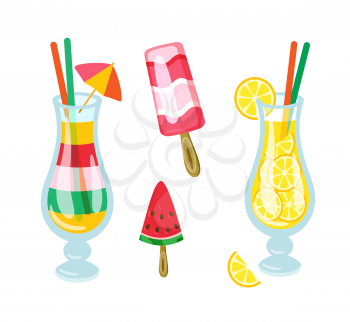 Watermelon ice cream on stick vector, lemonade in glass, cocktail with liquids, beverage. Tropical style of serving of drinks, frozen creamy desserts