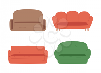 Sofa set decorations, soft seat with arms, colorful furniture isolated on white, empty armchairs in flat design style, indoor objects for sitting vector