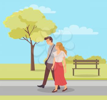 People walking holding hands vector, man and woman strolling along spring park with trees and meadows, wooden bench and road. Springtime leisure flat style