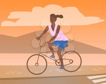 Afro-american woman riding on bike, mountain landscape. Vector black female cycling on bicycle at sunrise or sunset, cartoon style sportive lady in flat style