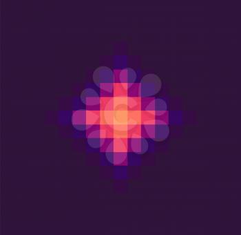 Shiny wye on purple, pixelated light or squared star, equipment of pixel game, laser award, squared spider, space equipment, ultraviolet trophy vector, pixelated cosmic object for mobile app games