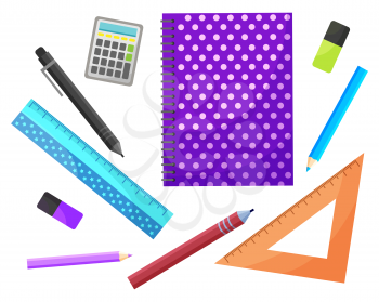 School elements vector, isolated supplies for lessons. Notebook and pencil, pen and ruler, eraser and calculator. Preparation for education and knowledge. Back to school concept. Flat cartoon