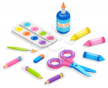 School supplies for painting and doing applications. Stationery as scissors and pencils glue and tassel paint palette. Materials for children to draw. Back to school concept. Flat cartoon isometric 3d