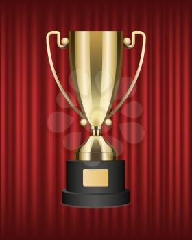 Prize for winner in competition, trophy on red curtain, symbol of luck. Successful completion of task, golden decoration. Shiny metallic goblet on black stand with nameplate. Sports competition prize