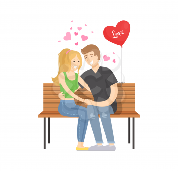 Love concept illustration with merry couple sits on bench tenderly holding hands, heart shape balloon near them vector isolated on white background