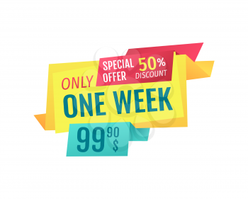 Only one week special offer. Discount reduction on wavy ribbons. Clearance and super deal for customers to save money promotion isolated on vector
