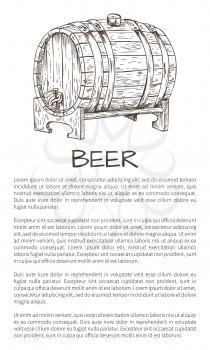 Ale or beer wood firkin vector illustration in sketch style on neutral background. Monochrome poster for brew house advertisement with text sample.
