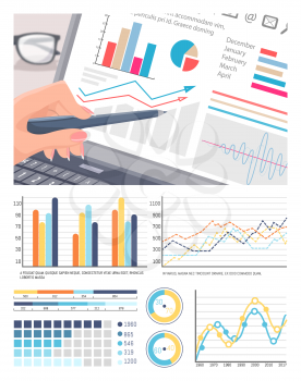Infographics on laptop screen, analysis of data vector. Graphics and charts, business person pointing on flowcharts. Scheme pie diagram information