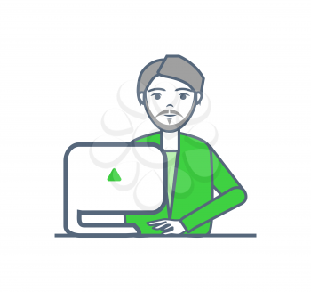 Male smart worker with laptop gadget isolated vector. Person busy with work on computer with triangle sign. Business solving problems finding ideas