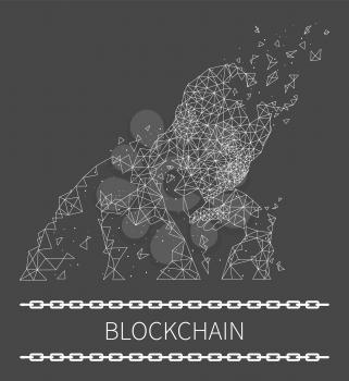 Blockchain poster with text and human shape made of geometric forms. Thinking person, deep in thought with hand on chin, artificial intellect vector