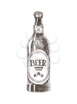 Beer bottle with label monochrome sketch outline black and white. Container with alcoholic spirit and beverage of fine taste, vector illustration