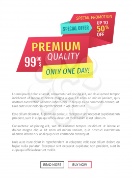 Premium quality vector promotion poster. Special offer for only one day advert label landing page with text sample and read more or buy now buttons.
