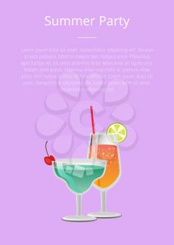 Summer party advertising poster with alcoholic drinks in festive decorated glass. Vector illustration with beverages on purple background and text