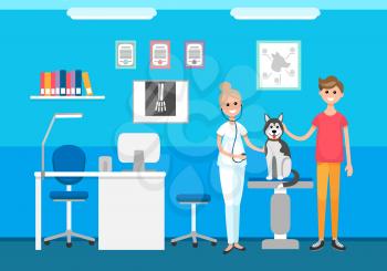 Veterinary clinic veterinarian and pet on checkup vector. Male with dog on table examining doctor with stethoscope. Interior of checking hospital room