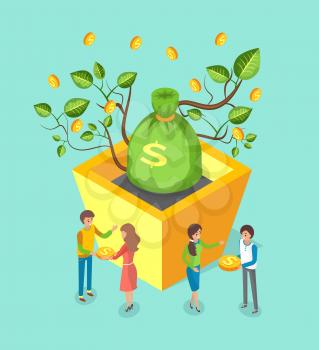 Money tree growing from flowerpot vector, plant with leaves. Box with soil for flora giving golden coins, economic growth, people with dollars dealing