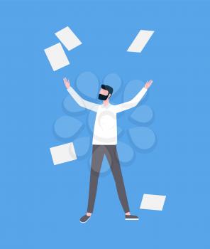 Man in casual clothes throwing up pages. Portrait view of standing person on blue with falling empty sheets of paper, worker and documents flat vector