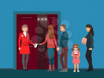 Movies theatre, cinema hall entrance, spectators and check-taker vector. Woman with popcorn, girl in 3D glasses with soda, couple and administrator