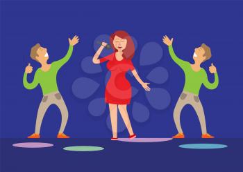Music performance, singer with microphone and dancers vector. Dancing people male glad to listen to lady vocals. Solo artist musician and dancing fans