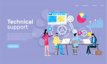Technical support online web page, Internet shopping vector. Men and women work at laptops in informative help, boss and employees in headset, graphics