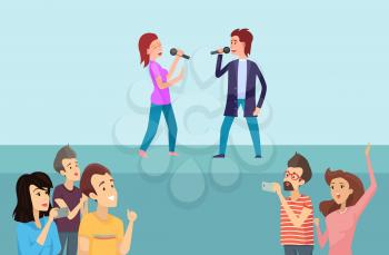 People singing song on blue scene with microphone, smiling dancing people recording show near stage. Karaoke party, cheerful group with hands up vector
