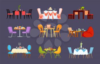 Restaurant tables with dinner or wedding settings vector. Tablecloth and chairs, cake and fast food, pizza and sushi, lemonade and tea, cafe furniture