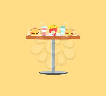 Fast food table, french fries, burger in paper, soda in plastic glass. Board serving with disposable dishes and ceramic cups. Takeaway meals vector