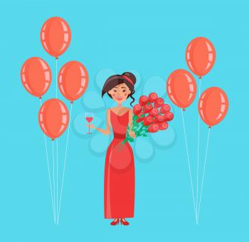 Happy woman vector, lady holding balloons, rose bouquet and wine glass. Flowers given to female, celebration of holiday, person wearing red dress