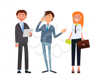 Team of corporate business workers in formal wear. Vector man with sheet of paper, boss speaking on telephone and woman holding briefcase isolated characters