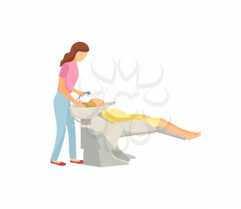 Spa salon, hair wash of client done by beauty expert. Isolated icon of people, woman having her color changed, styling new haircut hairstyle vector