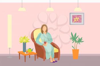 Beauty salon and resort relaxation female vector. Woman wearing gown, sitting in comfortable armchair drinking hot fresh beverage from teapot tea